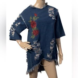 Thrill Distressed Denim Tunic Festival Grunge Y2K Jean Embroidered Top Women M